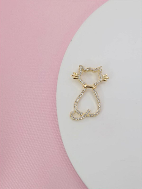 Pingente Banhado a Ouro 18K Gato Com Pedras Bijou Art