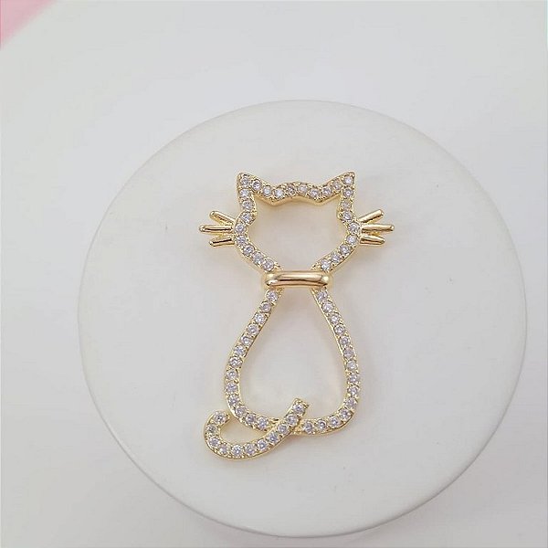 Pingente Banhado a Ouro 18K Gato Com Pedras Bijou Art