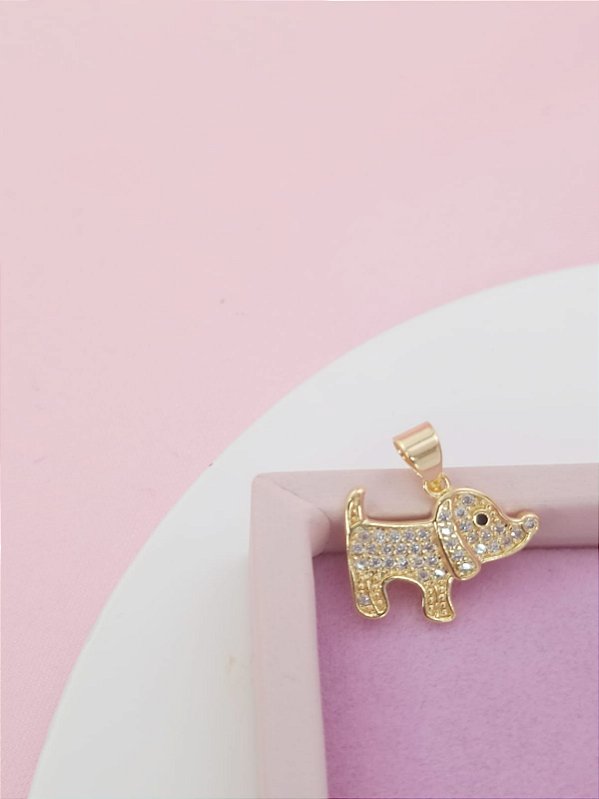 Pingente Banhado a Ouro 18K De Cachorrinho Com Pedras Bijou Art