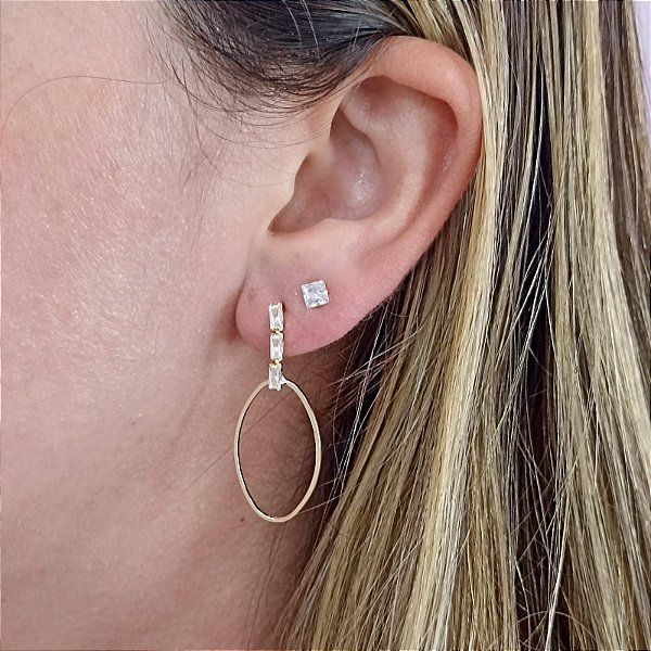 Brinco Banhado a Ouro 18K Pendurado Aro e Pedras Bijou Art