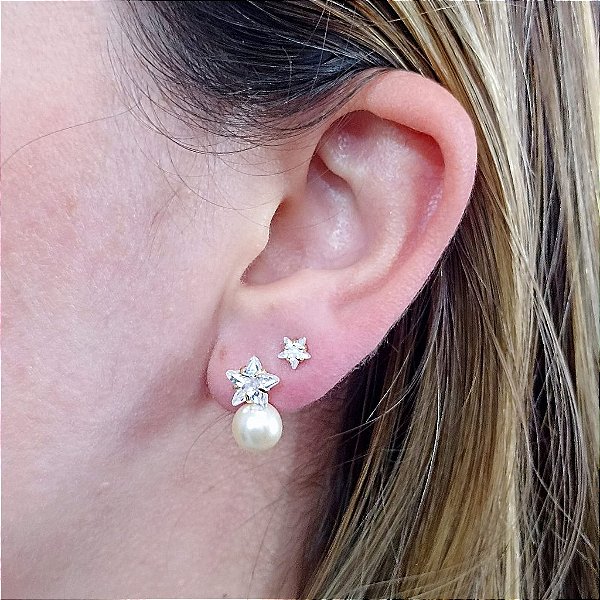 Brinco De Pérola Banhado a Ouro 18K Base De Estrela Bijou Art