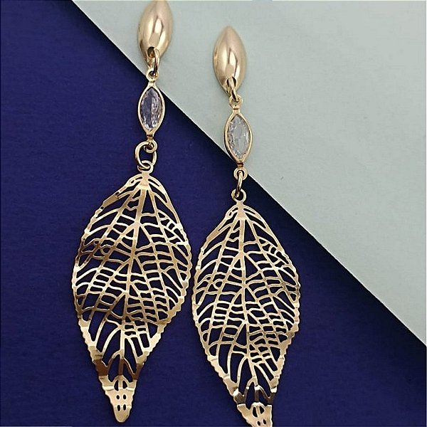 Brinco Feminino Banhado a Ouro 18K Pendurado De Folha Bijou Art