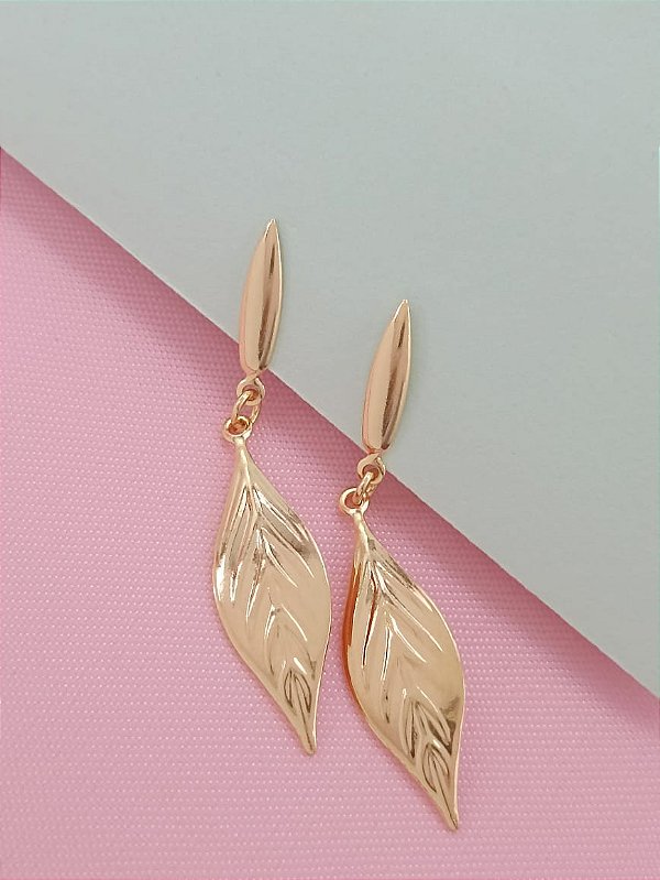 Brinco Banhado a Ouro Pendurado De Folha Lisa Bijou Art