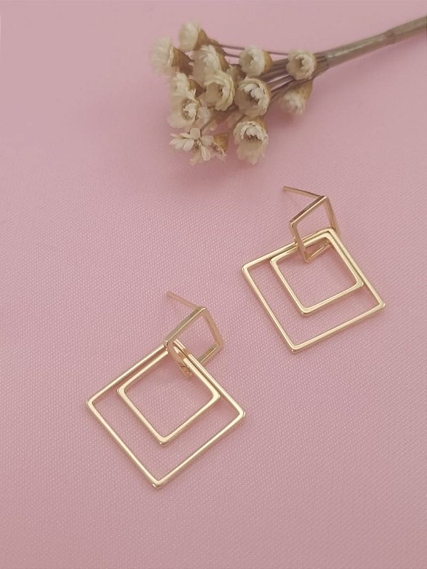 Brinco Feminino Quadrado Duplo Banhado a Ouro 18k Bijou Art