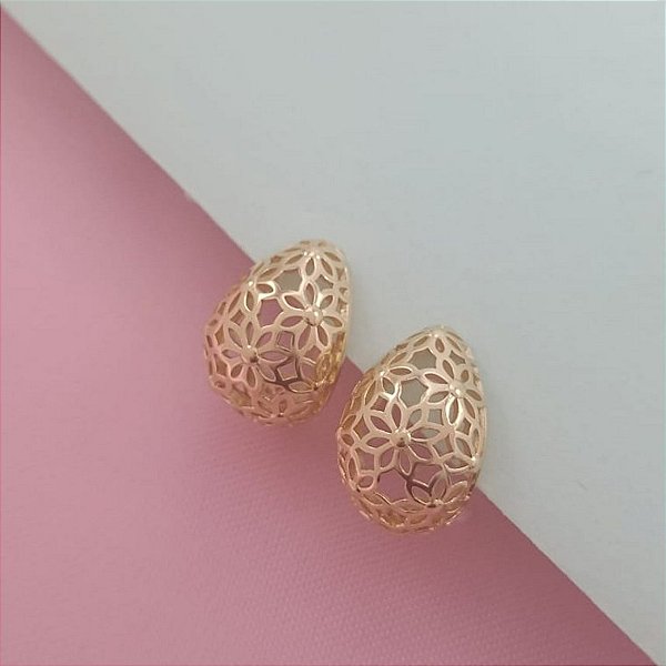 Brinco Feminino Gota Vazado Banhado a Ouro 18k Bijou Art