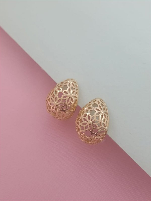 Brinco Feminino Gota Vazado Banhado a Ouro 18k Bijou Art