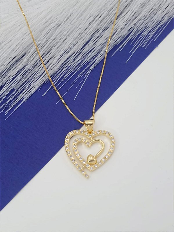 Pingente Feminino De Coração Banhado a Ouro 18K Com Zircônias Bijou Art