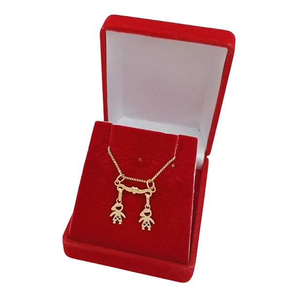Gargantilha De Filhos 2 Meninos Banhado a Ouro 18K Com Pedras Bijou Art