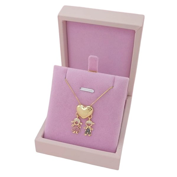 Gargantilha De 1 Menina e 1 Menino Com Coração Banhado a Ouro Bijou Art