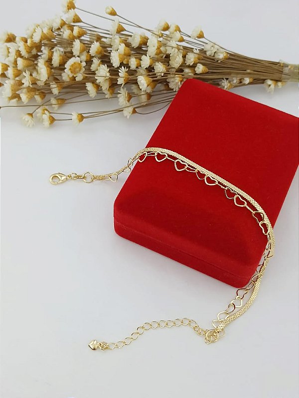 Pulseira Dupla Banhada a Ouro De Coração e Elo Laminado Bijou Art
