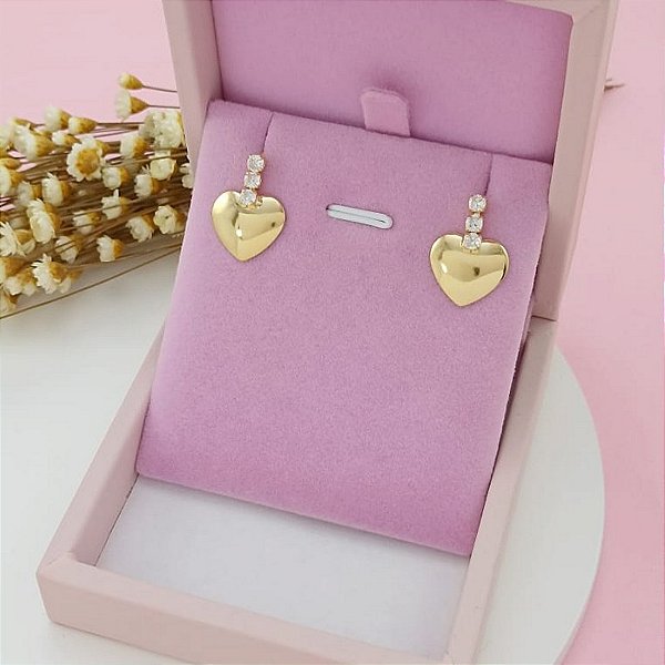 Brinco De Coração Banhado a Ouro Pendurado Com Pedras Bijou Art