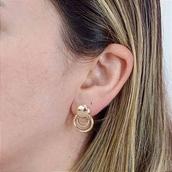Brinco Feminino Banhado a Ouro Pendurado Com 2 Aros Bijou Art