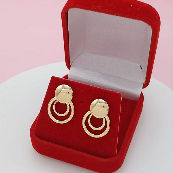Brinco Feminino Banhado a Ouro Pendurado Com 2 Aros Bijou Art