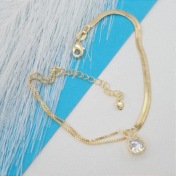 Pulseira Feminina Banhada a Ouro Elo Duplo Com Zircônia Bijou Art