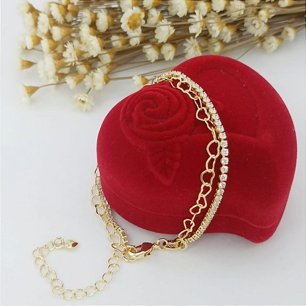 Pulseira Banhada a Ouro Elo Duplo De Coração e Pedras De Zircônia Bijou Art