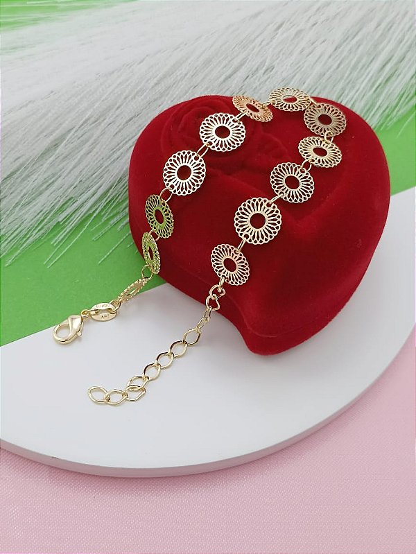 Pulseira Feminina Banhada a Ouro Redonda Rendada Bijou Art