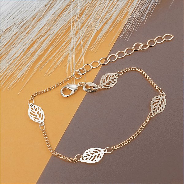 Pulseira Feminina Banhado a Ouro Com Folha Lisa Vazada Bijou Art