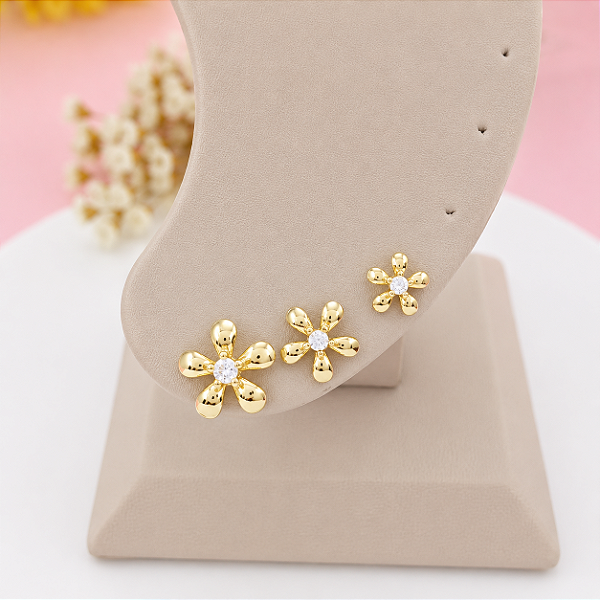 Brinco Feminino Banhado a Ouro Fixo De Flor Com Zircônia Bijou Art