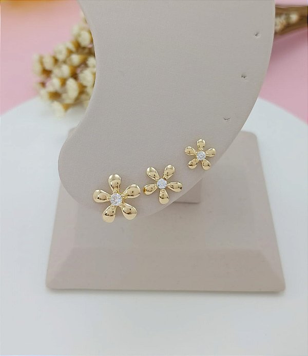 Brinco Feminino Banhado a Ouro Fixo De Flor Com Zircônia Bijou Art