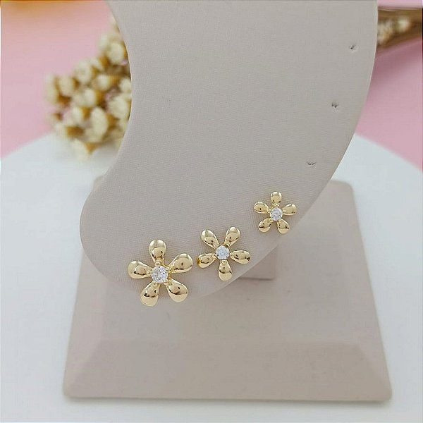 Brinco Feminino Banhado a Ouro Fixo De Flor Com Zircônia Bijou Art