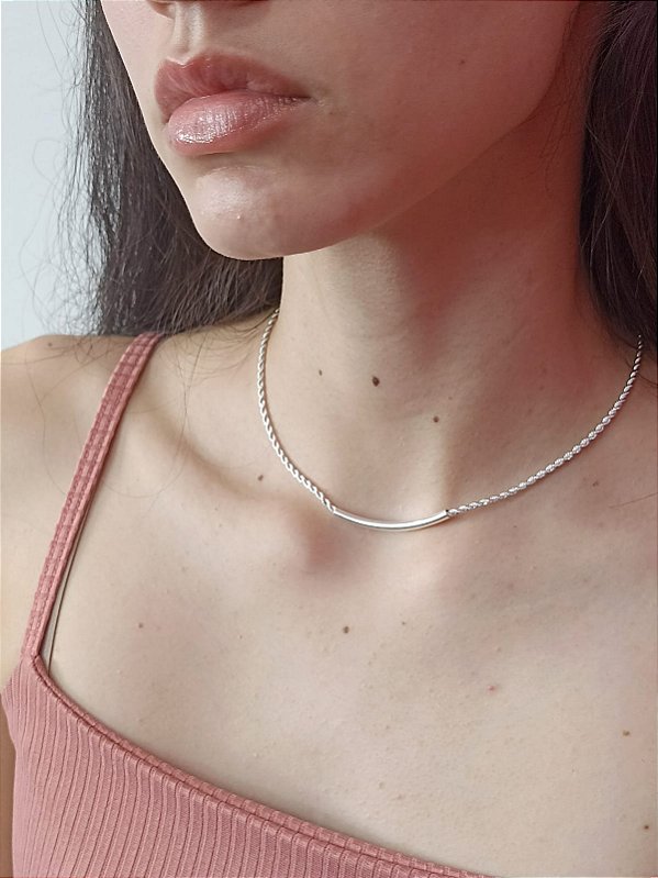 Gargantilha Banhada a Prata Elo Cordão Baiano Com Tubo Liso Bijou Art