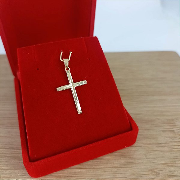 Pingente Banhado a Ouro De Cruz Fina Com Detalhes Bijou Art