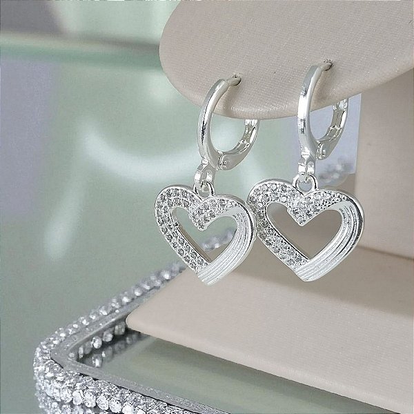 Brinco Argola Banhado a Prata Com Coração Pendurado Com Pedras Bijou Art