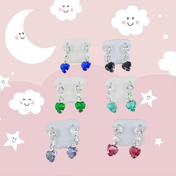 Brinco Infantil Banhado a Prata Pendurado Com Coração Colorido Bijou Art