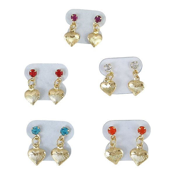 Brinco Infantil Banhado a Ouro Pendurado Com Coração e Pedra Colorida Bijou Art