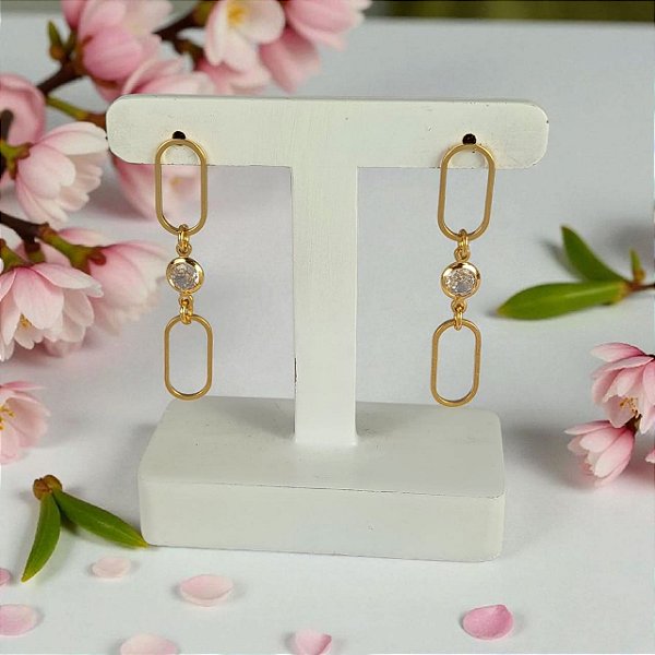 Brinco Pendurado Banhado a Ouro De Aros Ovais Com Zircônia Bijou Art