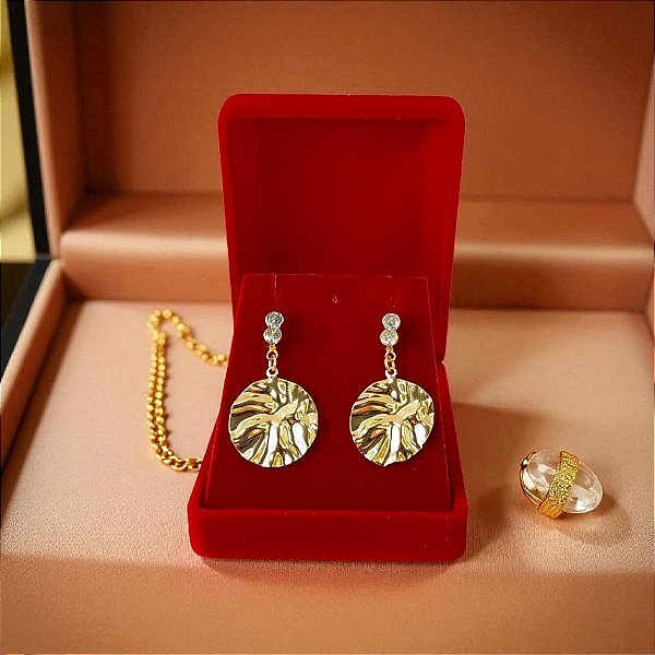 Brinco Pendurado Banhado a Ouro De Chapa Redonda Com Zircônia