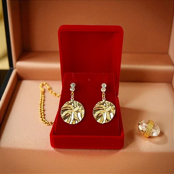 Brinco Pendurado Banhado a Ouro De Chapa Redonda Com Zircônia