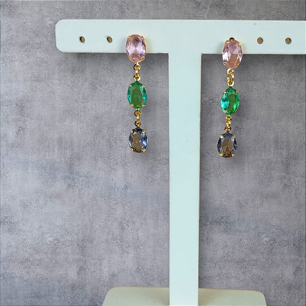 Brinco Pendurado Banhado a Ouro Com Pedras Coloridas Bijou Art