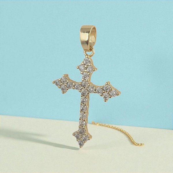 Pingente De Cruz Banado a Ouro Com Mini Pedras De Zircônia Bijou Art