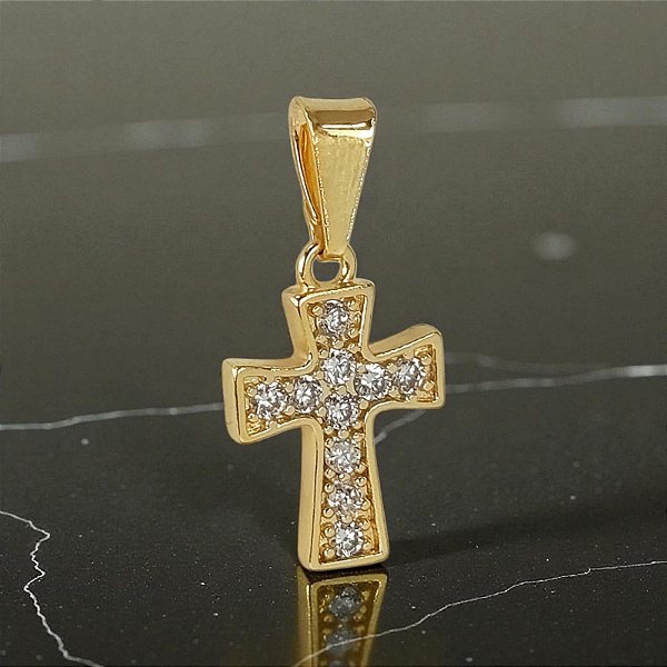 Pingente Banhado a Ouro De Cruz Com Pedras No Meio Bijou Art