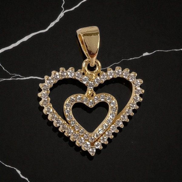 Pingente 2 Aros Coração com Mini Zircônia Banhado a Ouro