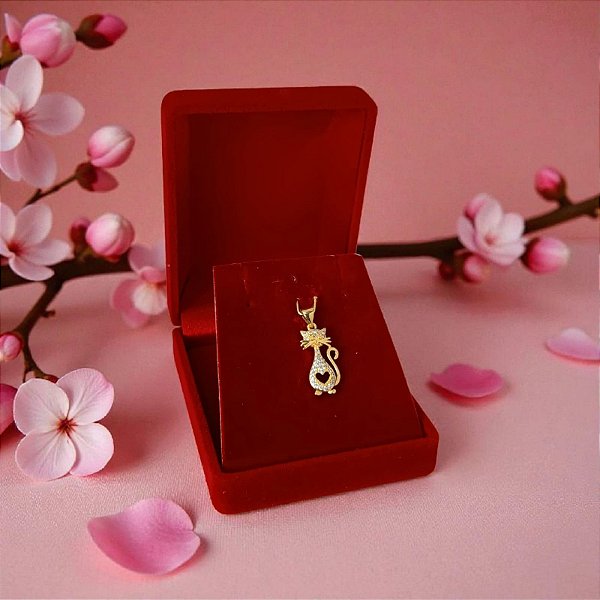 Pingente Gato com Bigode e Coração Banhado a Ouro