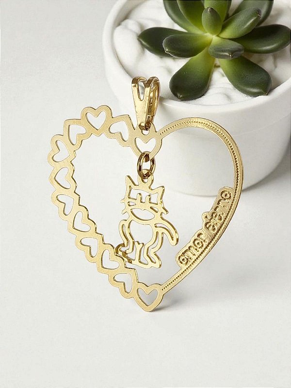 Pingente Aro de Corações "Amor Eterno" e Gatinho Banhado a Ouro