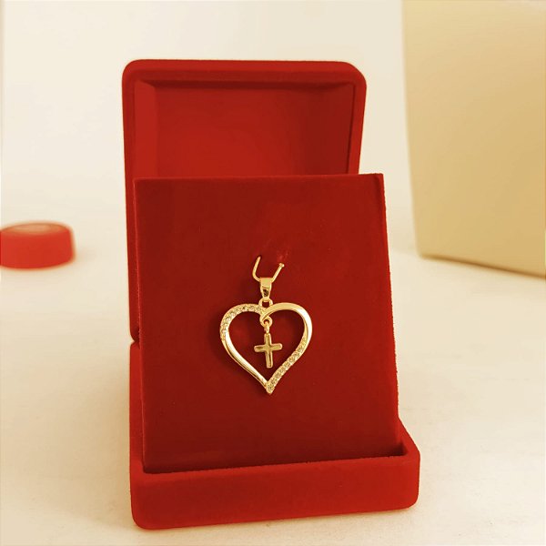 Pingente Banhado a Ouro De Coração Com Cruz e Pedras Bijou Art