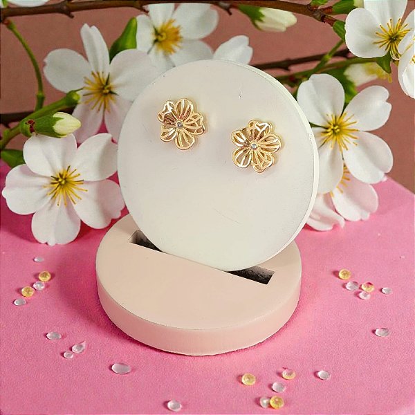 Brinco Banhado a Ouro De Flor Fixo Com Mini Zircônia no Meio Bijou Art