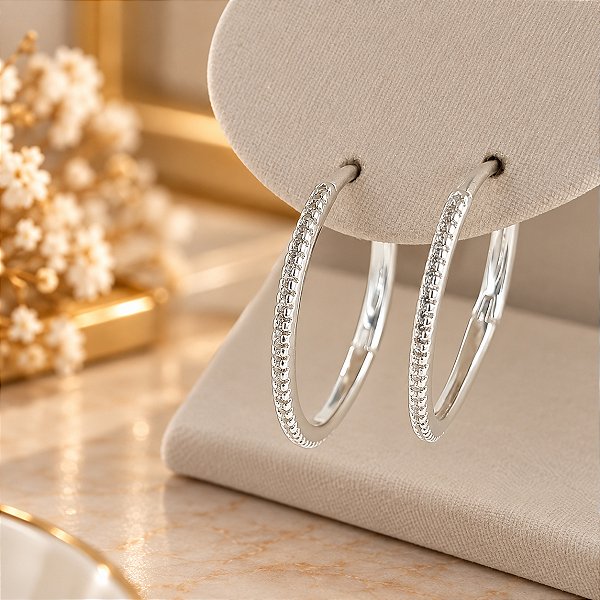 Argola Articulada com Zircônia Banhado a Prata Bijou Art