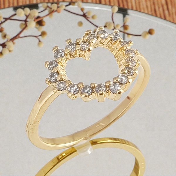 Anel Banhado a Ouro Aro Médio de Coração Com Pedras Bijou Art