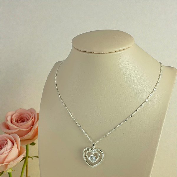 Gargantilha Banhada a Prata Coração de Duplo Com Pedra Bijou Art