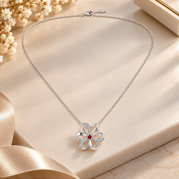 Gargantilha Flor Banhada a Prata com Zircônias Feminina Delicada Bijou Art