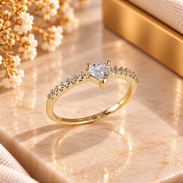 Anel Coração Banhado a Ouro com Zircônias Feminino Bijou Art
