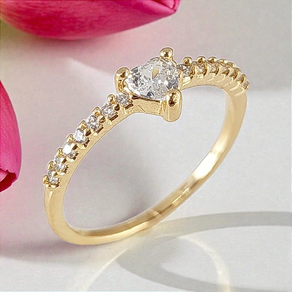 Anel Banhado a Ouro Aro Fino Com Mini Pedras De Zircônia e Coração Bijou Art