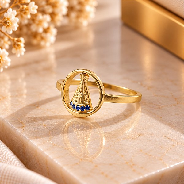 Anel Banhado a Ouro De Nossa Senhora Com Zircônia Azul Bijou Art