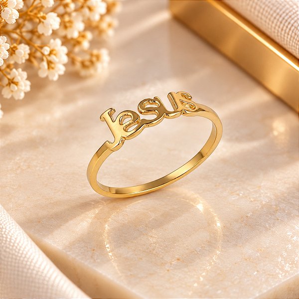 Anel Banhado a Ouro Aro Fino Escrito Jesus Bijou Art