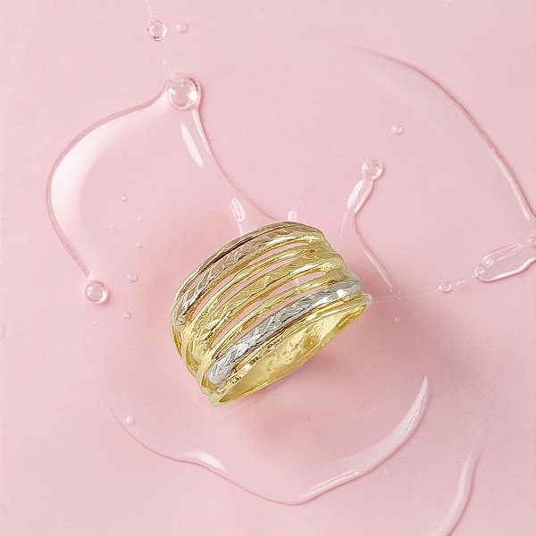 Anel Banhado a Ouro De Aro Largo de 3 Cores Bijou Art