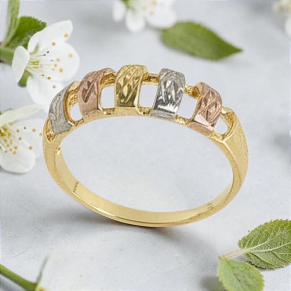 Anel Banhado a Ouro Trabalhado De 3 Cores Bijou Art